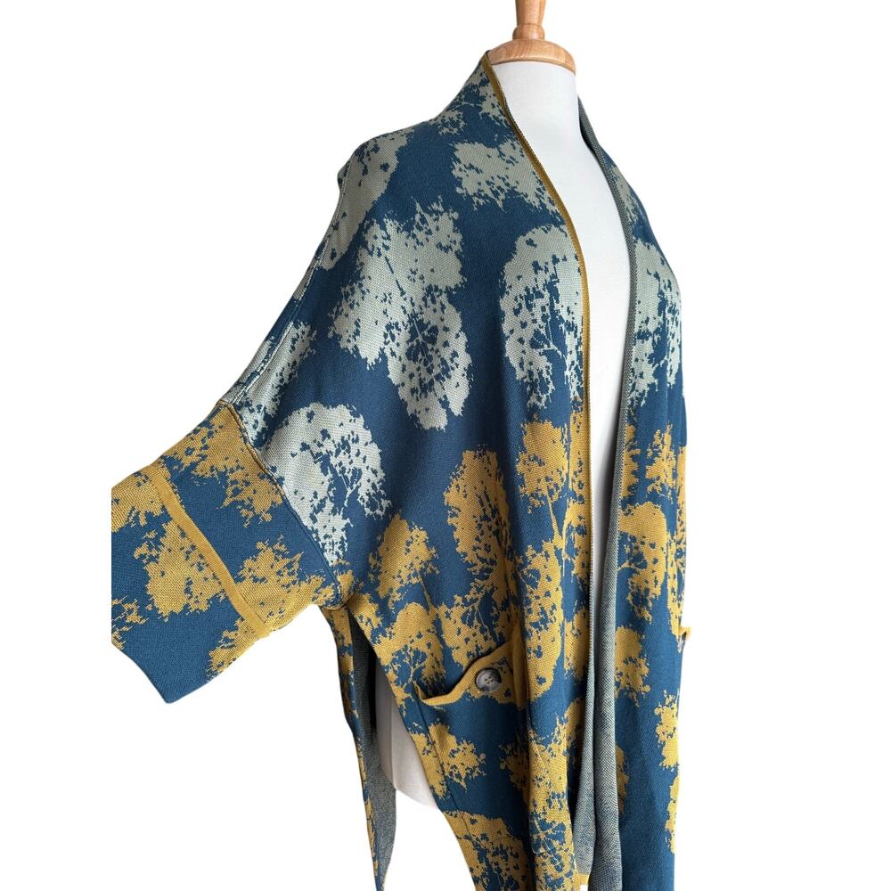 Marla Wynne Jacquard Kimono Cardigan Blue Mustard Boho Art to Wear Duster